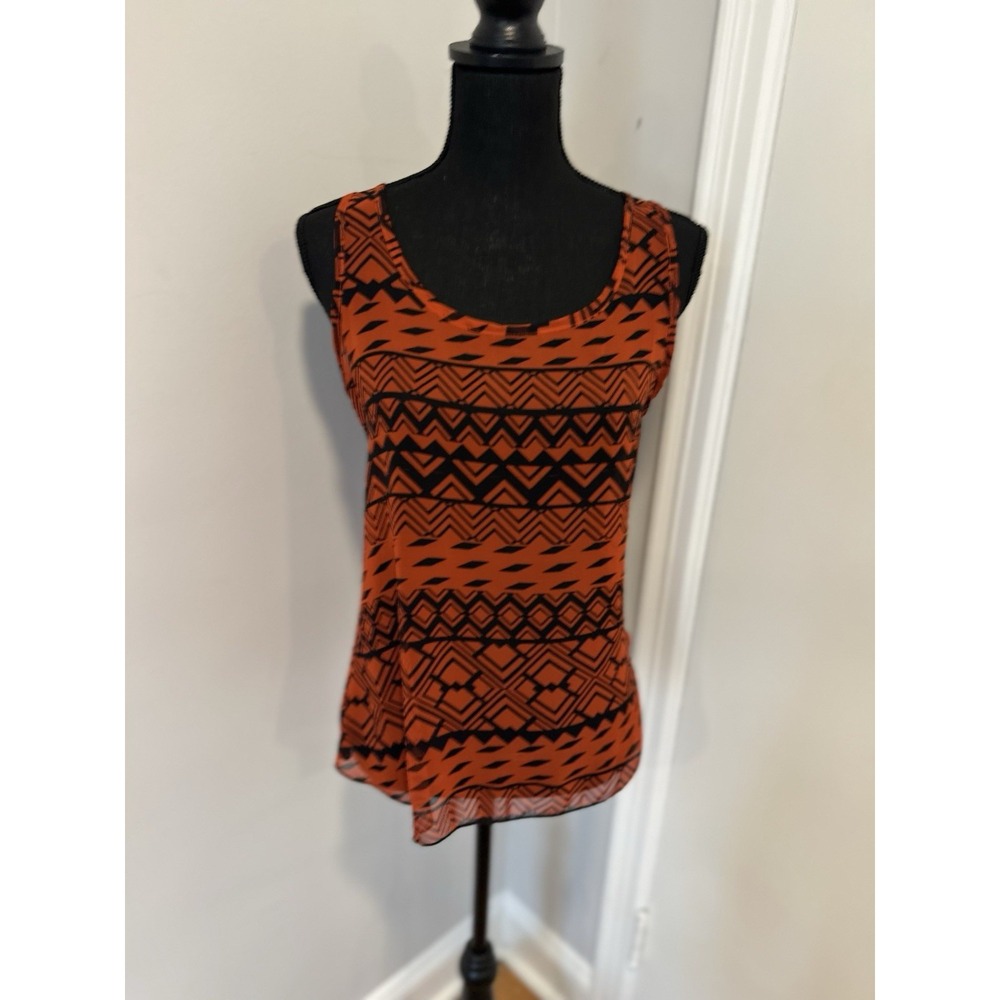 Edge Vintage Aesthetic Aztec Geometric Tie Back Blouse Sz:S Orange Chiffon